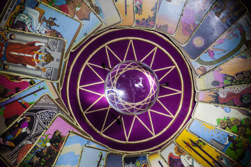 tarot cards in a circle around an orb